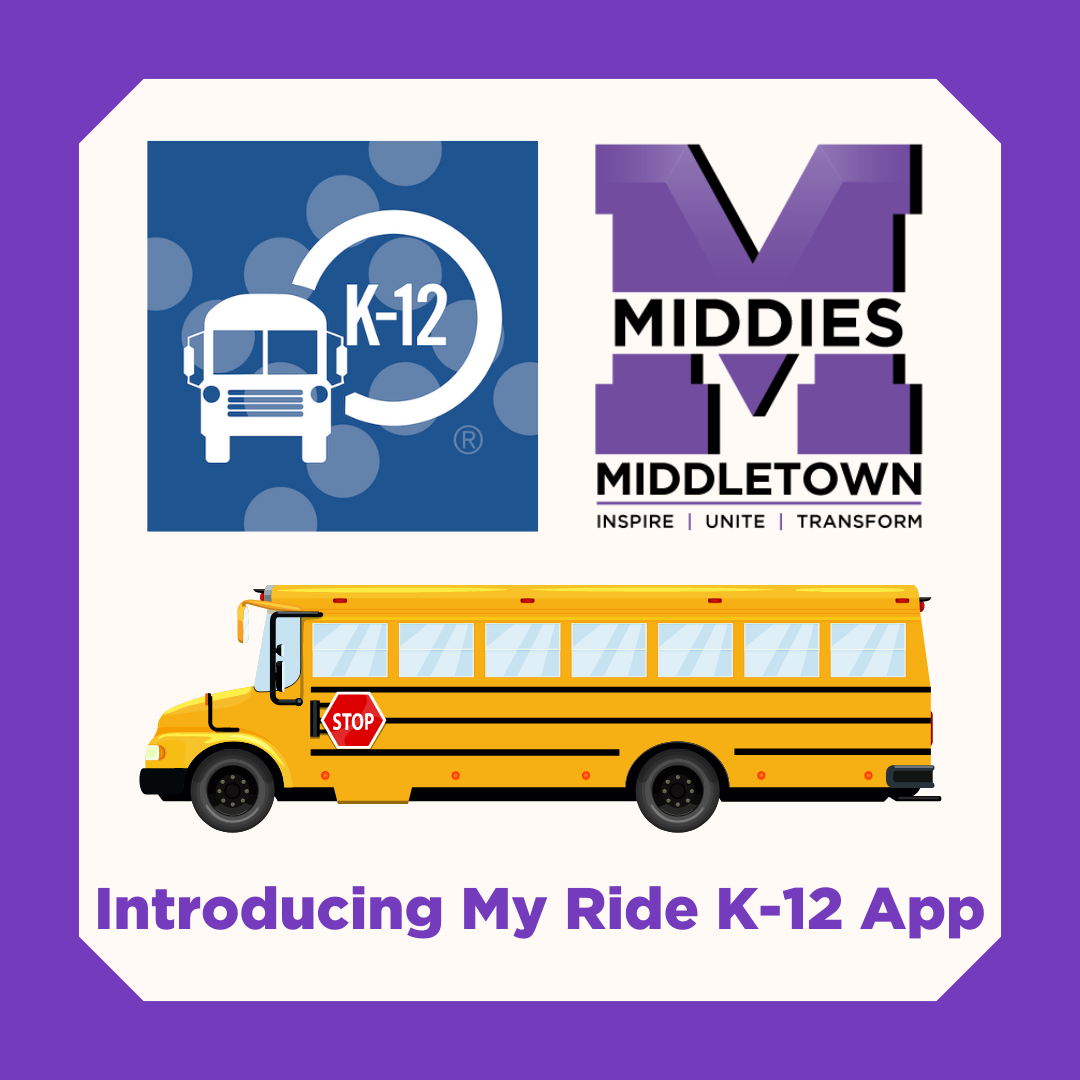 My Ride K-12 logo, MCSD logo, image of a bus, and text that reads "Introducing My Ride K-12 App"